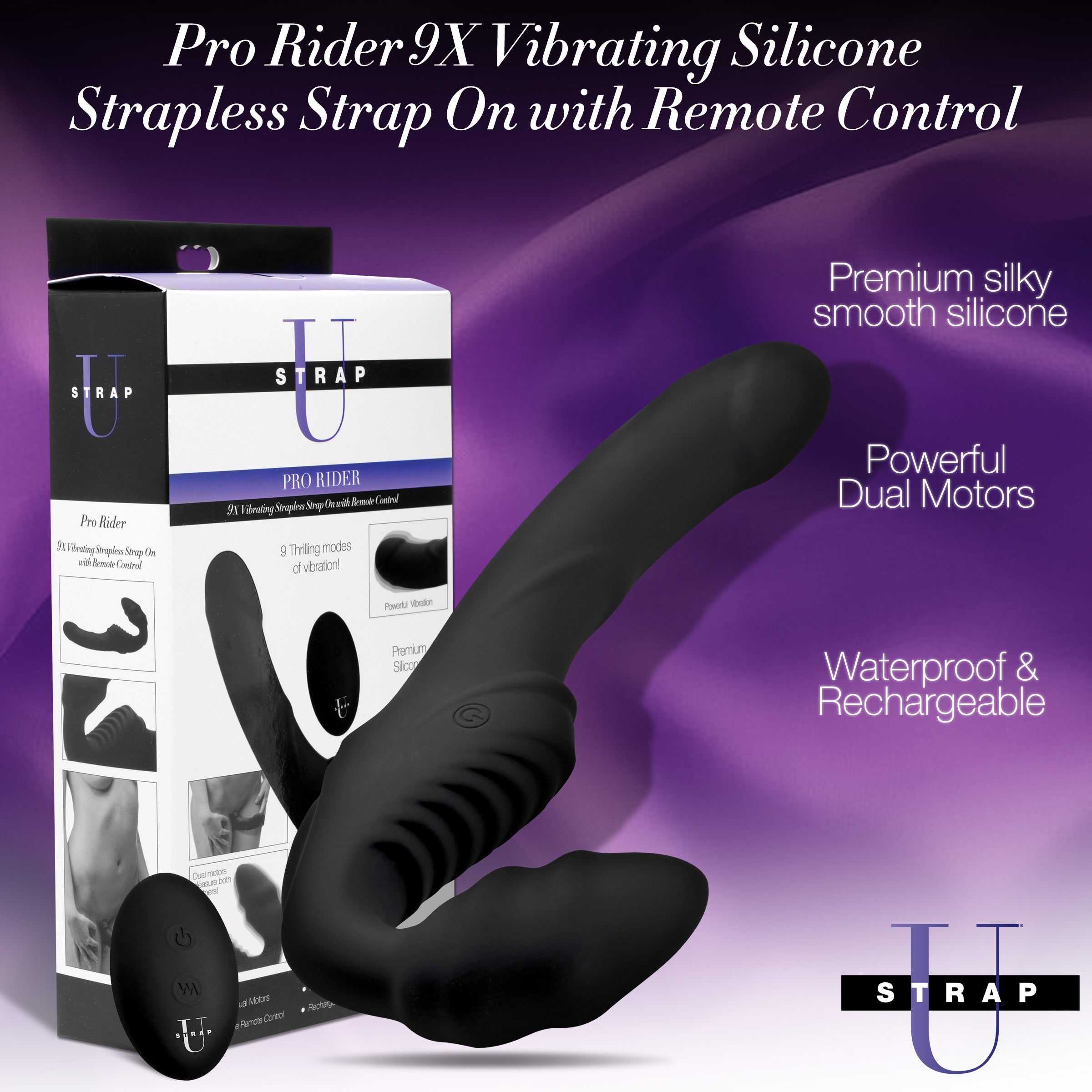 Pro Rider 9X Vibrating Silicone Strapless Strap On with Remote Control, featuring dual motors and textured design for enhanced pleasure.